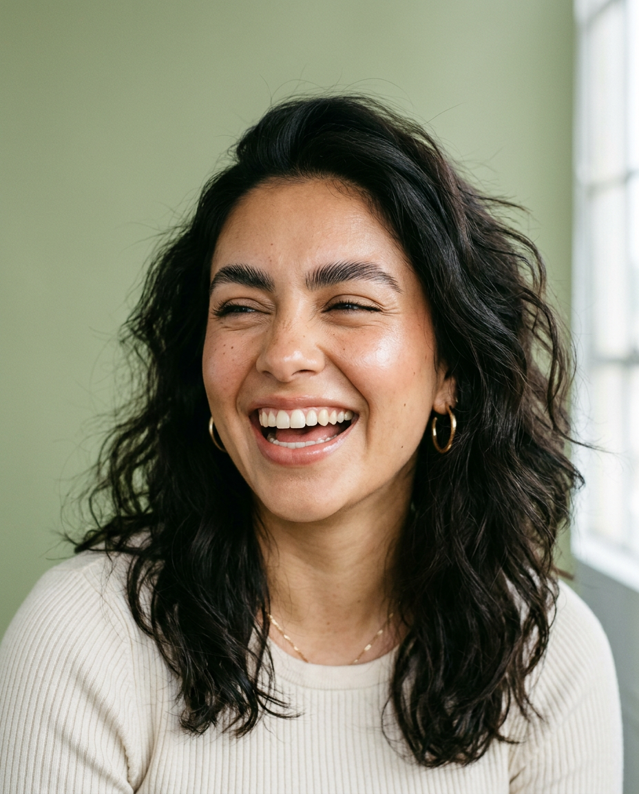 A laughing woman with full, brushed-up laminated brows