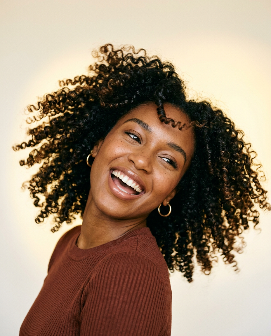 Voluminous, glossy defined curls in motion