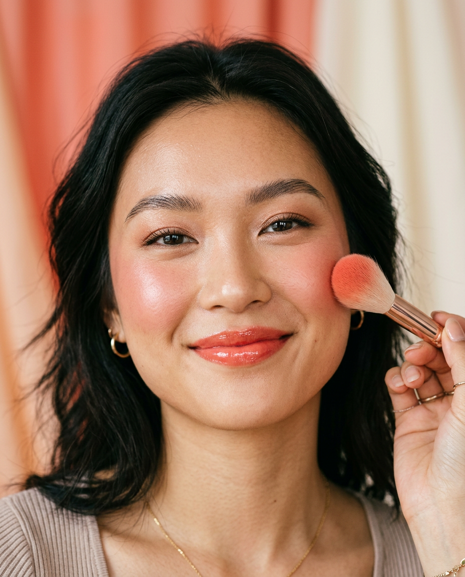 Coral blush and glossy coral lips being finished with a fluffy brush