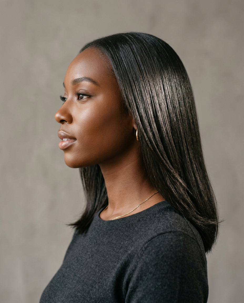 Sleek, shoulder-length silk press on natural hair