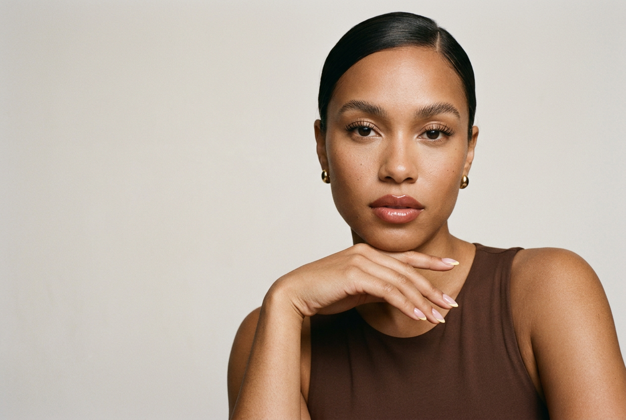 Beauty portrait with sculpted brows, luminous makeup and a delicate French-tip manicure