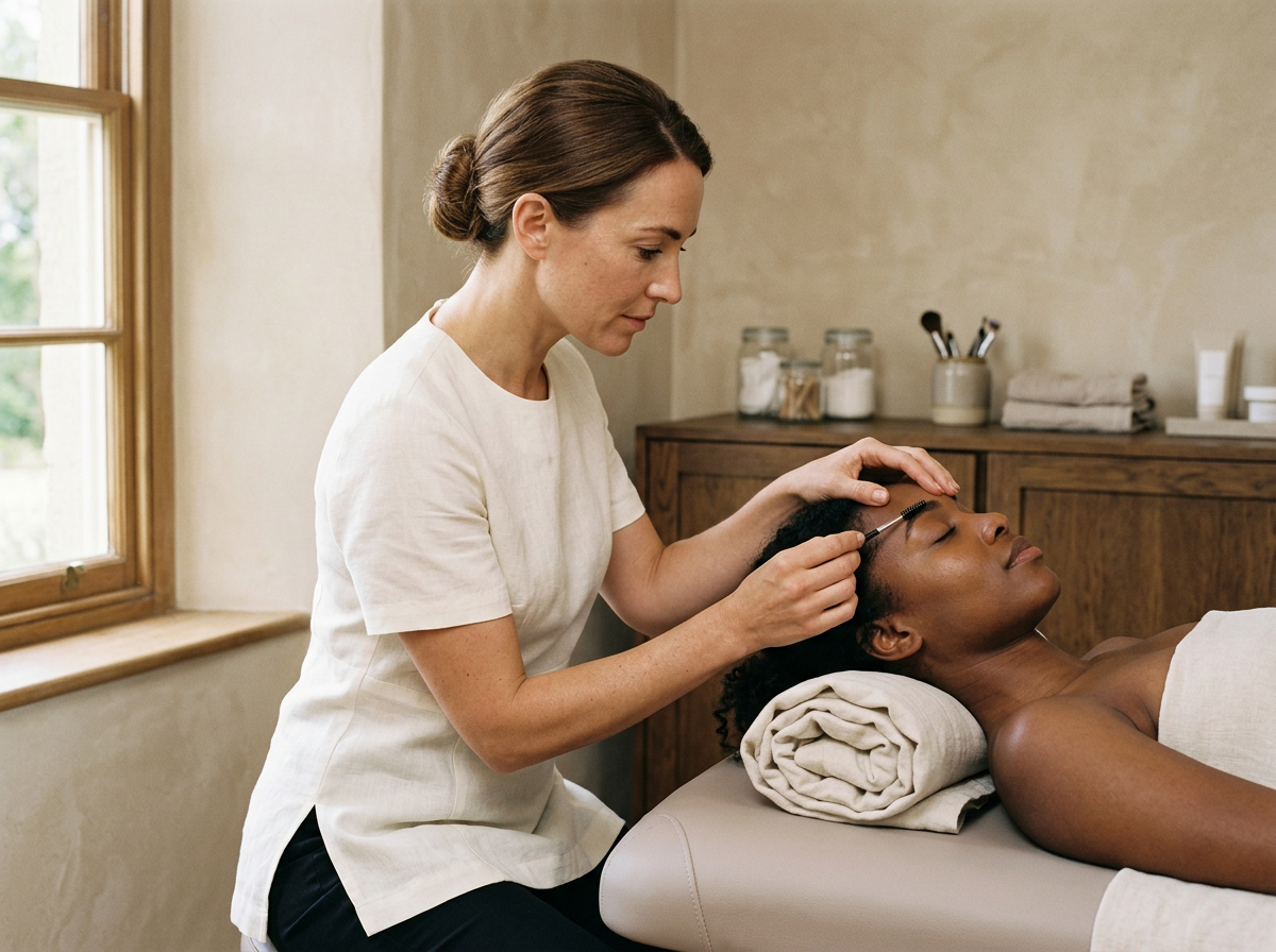 A brow artist carefully working with a client in a refined, naturally lit private studio